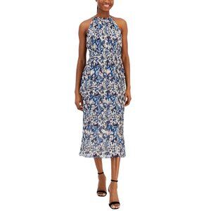Anne Klein Pleated Midi Halter Dress 12 Blue Marina Multi